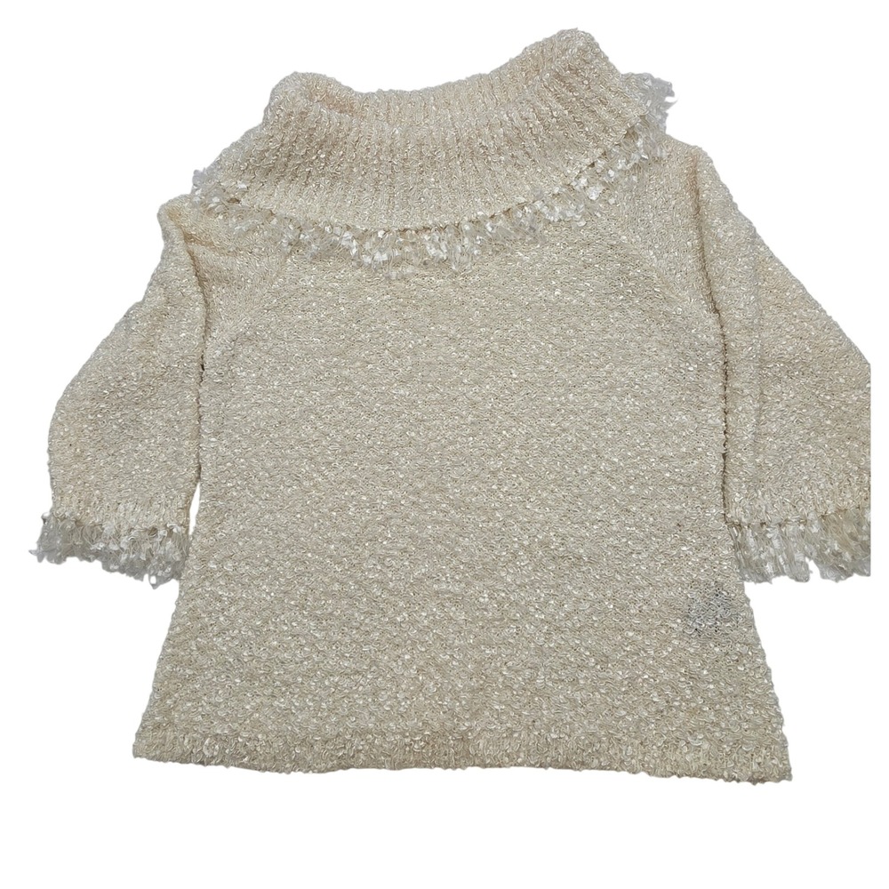 Popcorn Knit Top Womens XL Ivory Eyelash Fringe Mock Neck Cozy Casual Relaxed